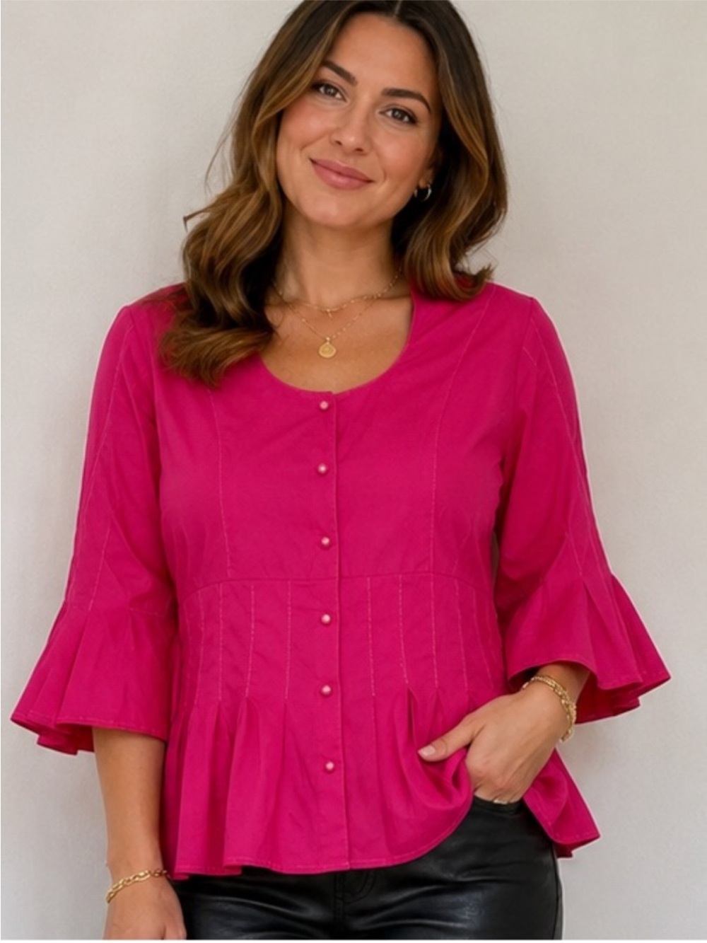 Ashley Stewart Hot Pink Peplum Bell Sleeve Size 12 Blouse 90’s Y2K